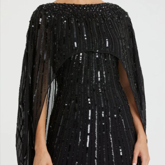 MAC DUGGAL 93869 EMBELLISHED BEADED COLUMN CAPE BLACK GOWN sz 14 - Picture 3 of 7